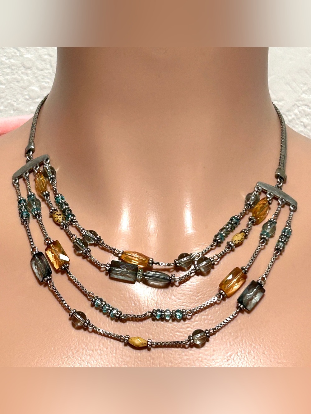 Multi-Strand Silver Necklace with Aqua and Gold Beads - Women Jewelry